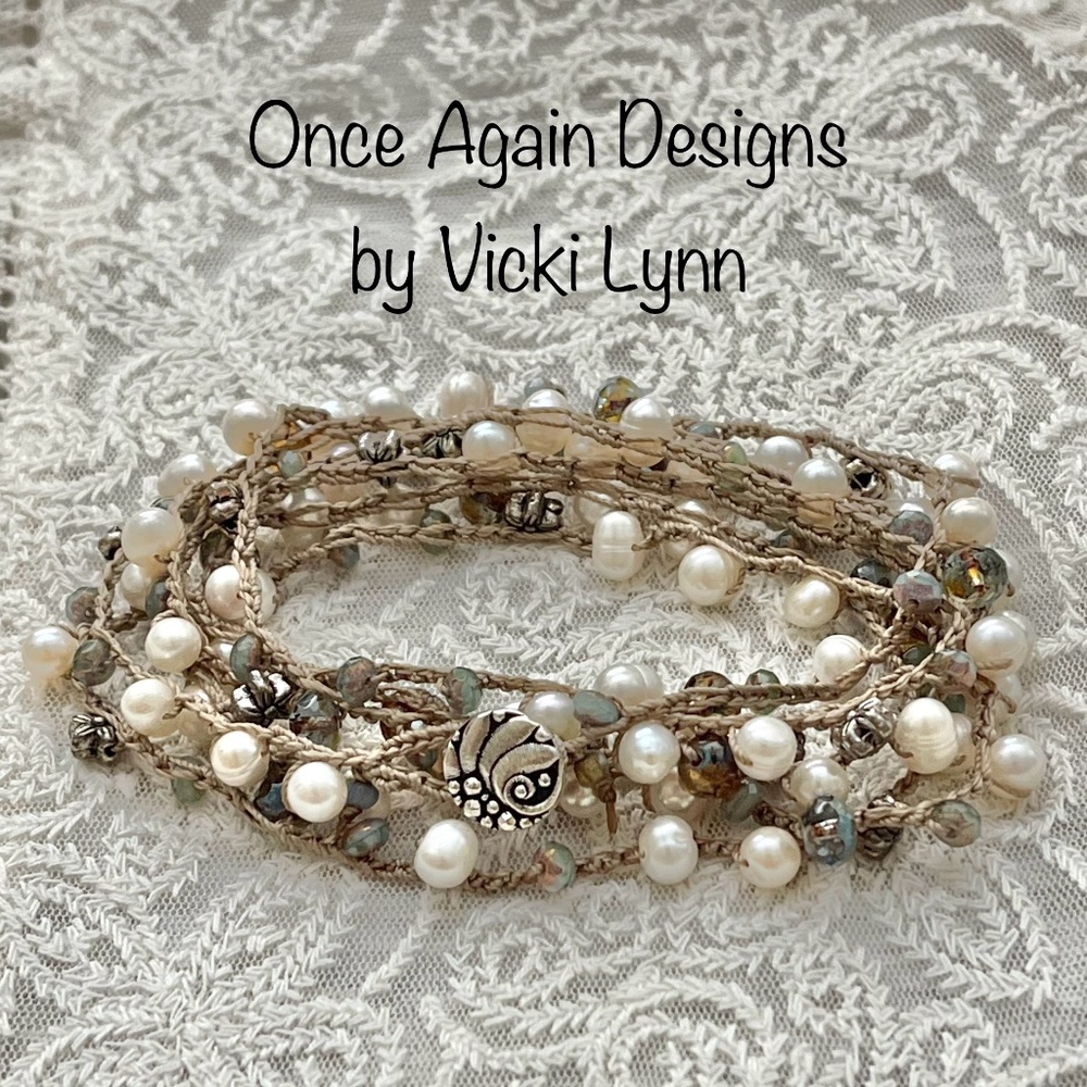 ARTISAN Necklace “Pearls in the Mist” on Sepia Long Crocheted Wrap - Picture 2 of 14